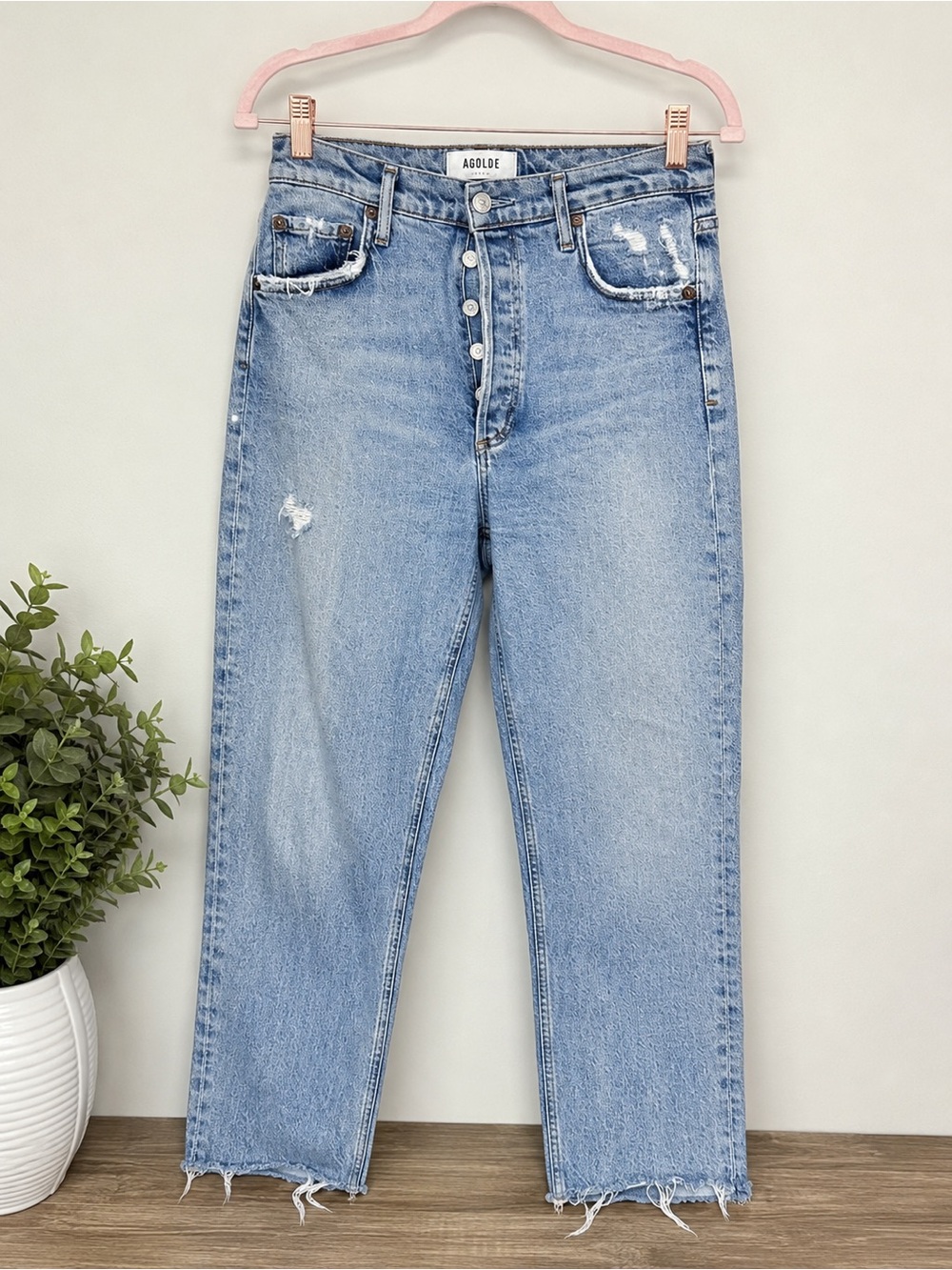 AGOLDE Nico High Rise Slim Jeans Size 26 Light Wash Distressed Raw Hem